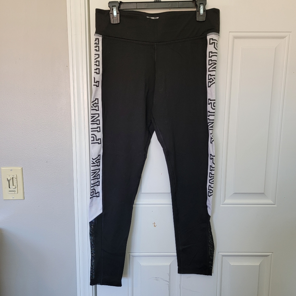 Victoria's Secret PINK Ultimate Leggings Side Logo Mesh Bottom Black Size Large